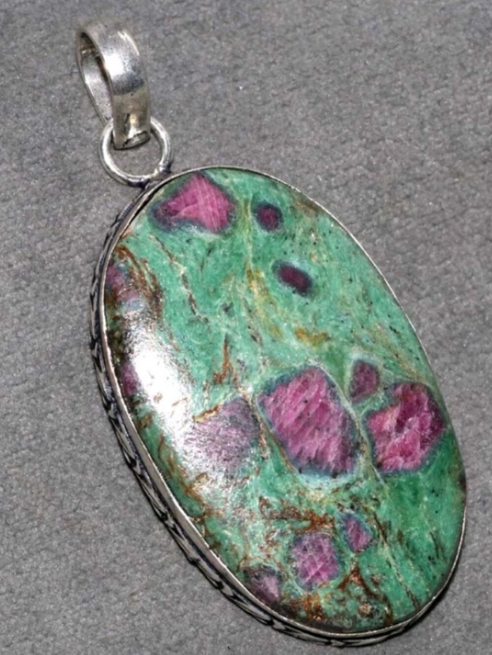 Green and Pink Ruby Zoisite Oval Pendant Necklace
